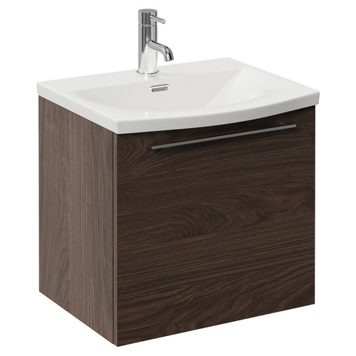 Napoli 390 Brown Oak 500mm Wall Mounted Single Drawer Vanity Unit with Arc Basin Left Hand View