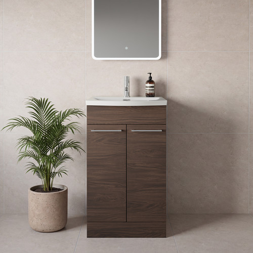 Napoli 390 Brown Oak 500mm 2 Door Vanity Unit with Arc Basin Lifestyle Image
