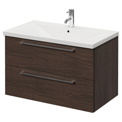 Napoli 460 Brown Oak 800mm Wall Mounted 2 Drawer Vanity Unit with Glide Basin Right Hand View