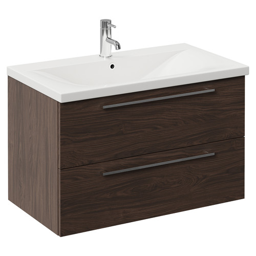 Napoli 460 Brown Oak 800mm Wall Mounted 2 Drawer Vanity Unit with Glide Basin Left Hand View