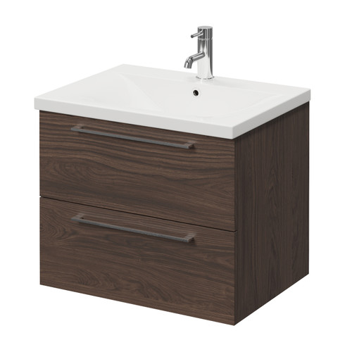 Napoli 460 Brown Oak 600mm Wall Mounted 2 Drawer Vanity Unit with Glide Basin Right Hand View