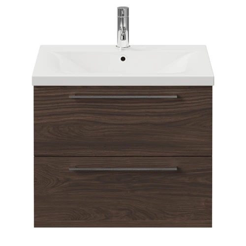 Napoli 460 Brown Oak 600mm Wall Mounted 2 Drawer Vanity Unit with Glide Basin Front View