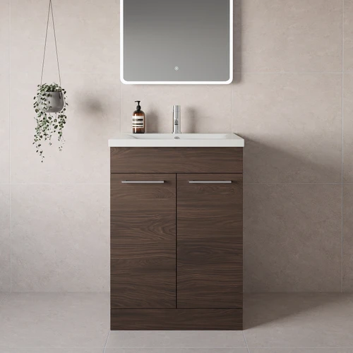 Napoli 460 Brown Oak 600mm 2 Door Vanity Unit with Glide Basin Lifestyle Image