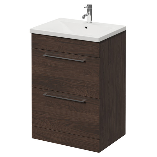 Napoli 460 Brown Oak 600mm 2 Drawer Vanity Unit with Glide Basin Right Hand View