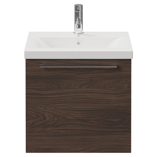 Napoli 390 Brown Oak 500mm Wall Mounted Single Drawer Vanity Unit with Glide Basin Front View
