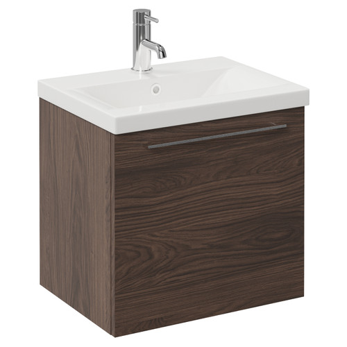 Napoli 390 Brown Oak 500mm Wall Mounted Single Drawer Vanity Unit with Glide Basin Left Hand View