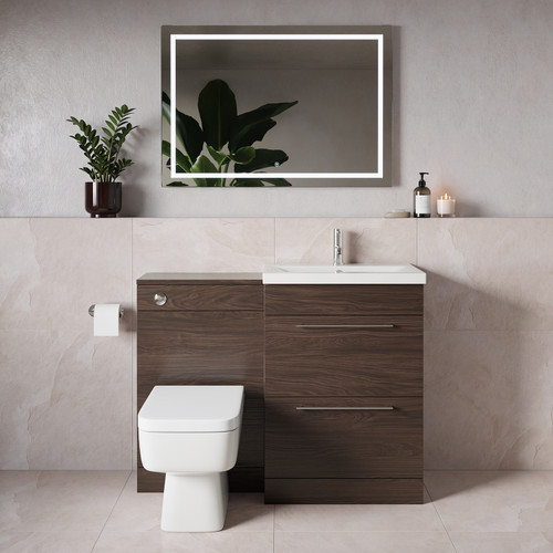 Napoli 390 Brown Oak 1100mm 2 Drawer Vanity Unit Toilet Suite with Glide Basin Lifestyle Image