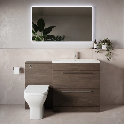 Napoli 390 Brown Oak 1300mm 2 Drawer Vanity Unit Toilet Suite with Glide Basin Lifestyle Image