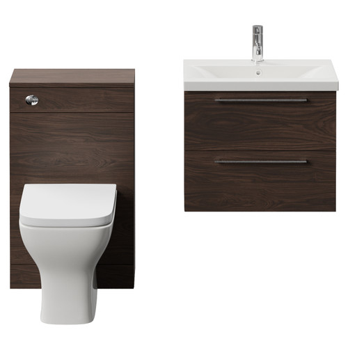 Napoli 390 Brown Oak 1100mm Wall Mounted 2 Drawer Vanity Unit and Toilet Suite with Glide Basin Front View
