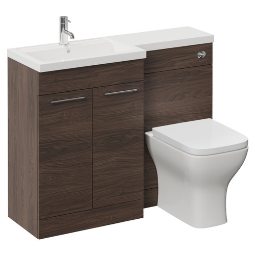 Napoli 390 Brown Oak 1100mm 2 Door Vanity Unit Toilet Suite with Square Left Hand Lucia Basin Left Hand View
