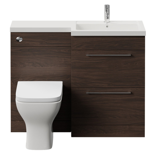 Napoli 390 Brown Oak 1100mm 2 Drawer Vanity Unit Toilet Suite with Square Right Hand Lucia Basin Front View