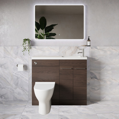 Napoli 250 Brown Oak 1000mm 2 Door Vanity Unit Toilet Suite with Round Silvo Basin Lifestyle