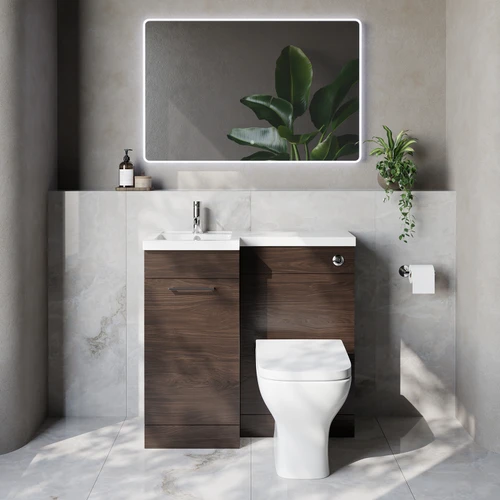 Napoli 390 Brown Oak 900mm Single Door Vanity Unit Toilet Suite with Left Hand Square Lucia Basin Lifestyle Image