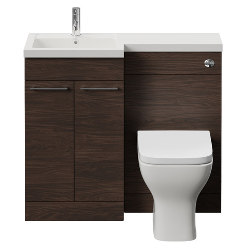 Napoli 390 Brown Oak 1000mm 2 Door Vanity Unit Toilet Suite with Left Hand Square Lucia Basin Front View