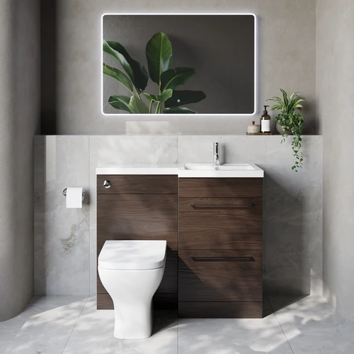 Napoli 390 Brown Oak 1000mm 2 Drawer Vanity Unit Toilet Suite with Right Hand Square Lucia Basin Lifestyle Image