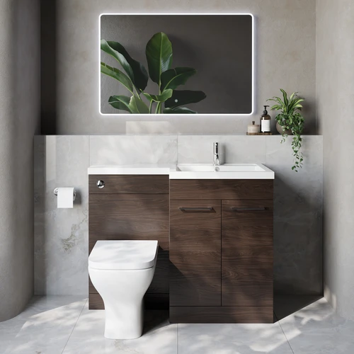 Napoli 460 Brown Oak 1100mm 2 Door Vanity Unit Toilet Suite with Right Hand Square Lucia Basin Lifestyle Image