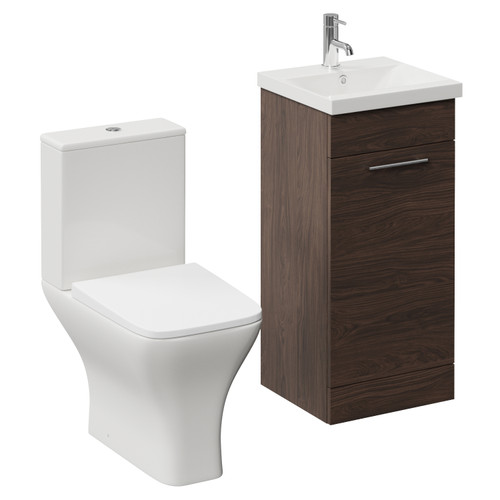 Napoli 390 Brown Oak 400mm Single Door Vanity Unit and Kingston Toilet Suite with Glide Basin Left Hand View