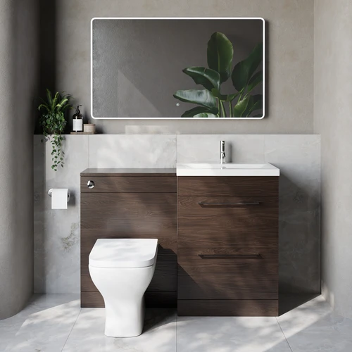 Napoli 390 Cento Brown Oak 1200mm 2 Drawer Vanity Unit Toilet Suite with Glide Basin Lifestyle Image