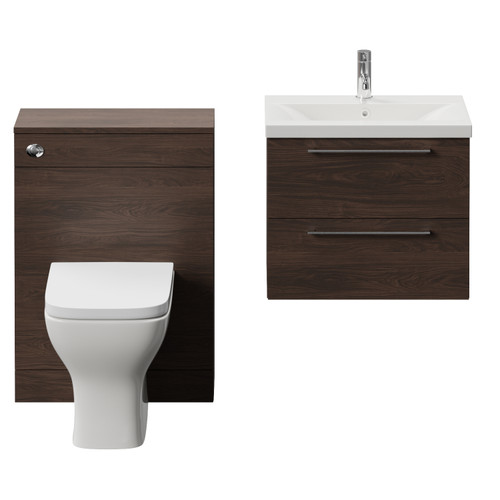 Napoli 390 Cento Brown Oak 1200mm Wall Mounted 2 Drawer Vanity Unit and Toilet Suite with Glide Basin Front View