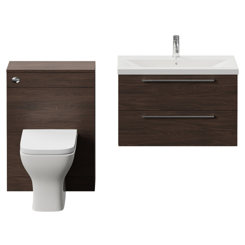 Napoli 390 Cento Brown Oak 1400mm Wall Mounted 2 Drawer Vanity Unit and Toilet Suite with Glide Basin Front View