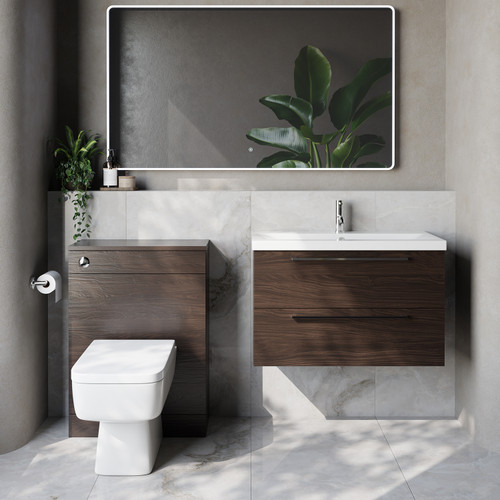 Napoli 390 Cento Brown Oak 1400mm Wall Mounted 2 Drawer Vanity Unit and Toilet Suite with Glide Basin Lifestyle Image