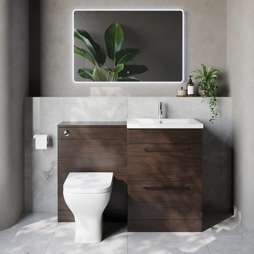 Napoli 460 Cento Brown Oak 1200mm 2 Drawer Vanity Unit Toilet Suite with Glide Basin Lifestyle Image