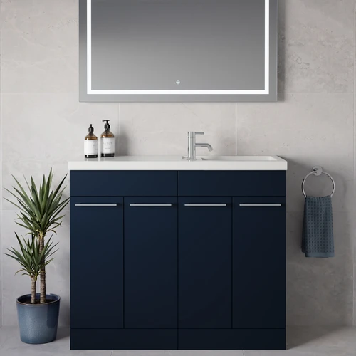 Napoli 250 Deep Blue 1000mm 4 Door Vanity Unit with Square Silvo Basin Lifestyle Image