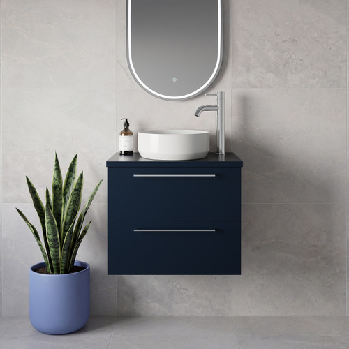 Napoli 390 Deep Blue 600mm Wall Mounted 2 Drawer Vanity Unit for Countertop Basins Lifestyle Image