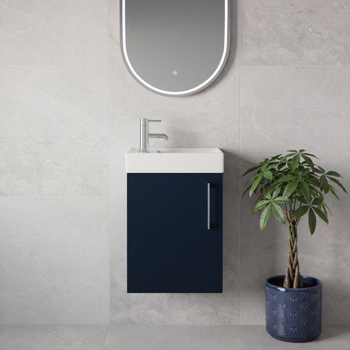 Napoli Cube Deep Blue 400mm Wall Mounted Single Door Vanity Unit with Align Basin Lifestyle Image