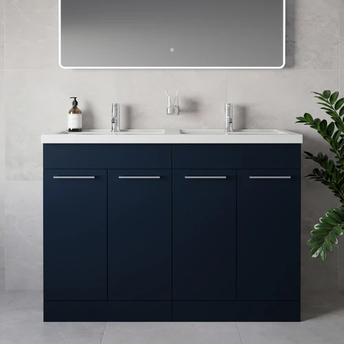 Napoli 390 Deep Blue 1200mm 4 Door Vanity Unit with Double Lucia Basins Lifestyle Image