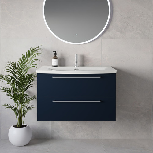 Napoli 390 Deep Blue 800mm Wall Mounted 2 Drawer Vanity Unit with Arc Basin Lifestyle Image