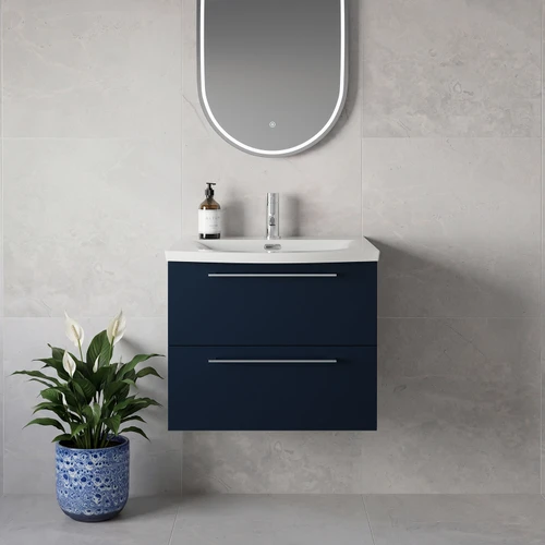 Napoli 390 Deep Blue 600mm Wall Mounted 2 Drawer Vanity Unit with Arc Basin Lifestyle Image