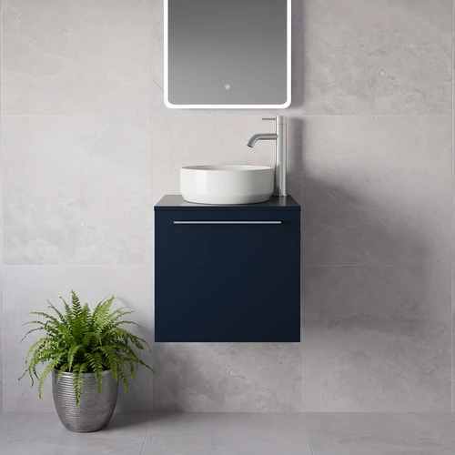 Napoli 390 Deep Blue 500mm Wall Mounted Single Drawer Vanity Unit for Countertop Basins Lifestyle Image