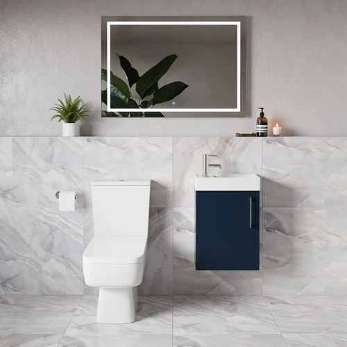 Napoli Cube Deep Blue 400mm Single Door Wall Mounted Vanity Unit and Toilet Suite with Align Basin Lifestyle Image