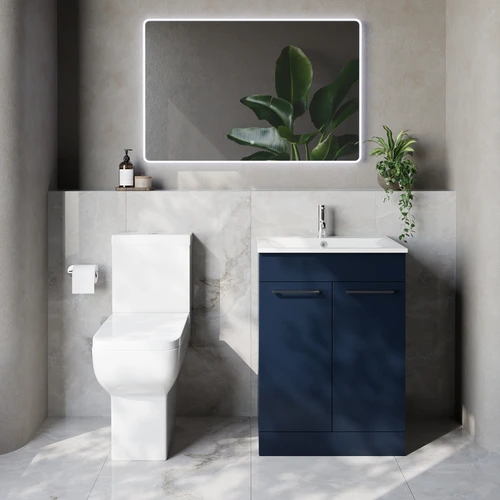 Napoli 460 Deep Blue 600mm 2 Door Vanity Unit and Tacoma Comfort Height Toilet Suite with Angel Basin Lifestyle Image