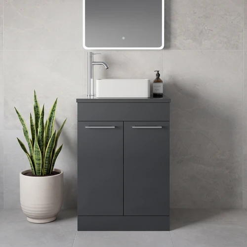 Napoli 390 Gloss Grey 600mm 2 Door Vanity Unit for Countertop Basins Lifestyle Image