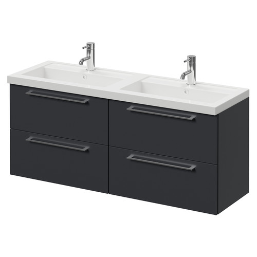 Napoli 390 Gloss Grey 1200mm Wall Mounted 4 Drawer Vanity Unit with Double Lucia Basins Right Hand View