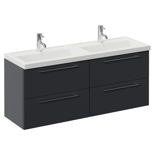 Napoli 390 Gloss Grey 1200mm Wall Mounted 4 Drawer Vanity Unit with Double Lucia Basins Left Hand View