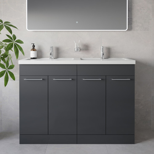 Napoli 390 Gloss Grey 1200mm 4 Door Vanity Unit with Double Lucia Basins Lifestyle Image