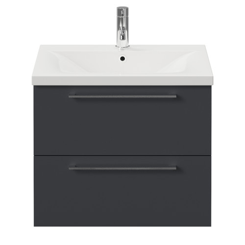 Napoli 460 Gloss Grey 600mm Wall Mounted 2 Drawer Vanity Unit with Glide Basin Front View