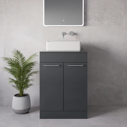 Napoli 460 Gloss Grey 600mm 2 Door Vanity Unit for Countertop Basins Lifestyle Image