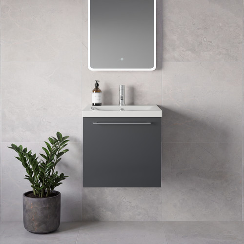 Napoli 390 Gloss Grey 500mm Wall Mounted Single Drawer Vanity Unit with Glide Basin Lifestyle Image