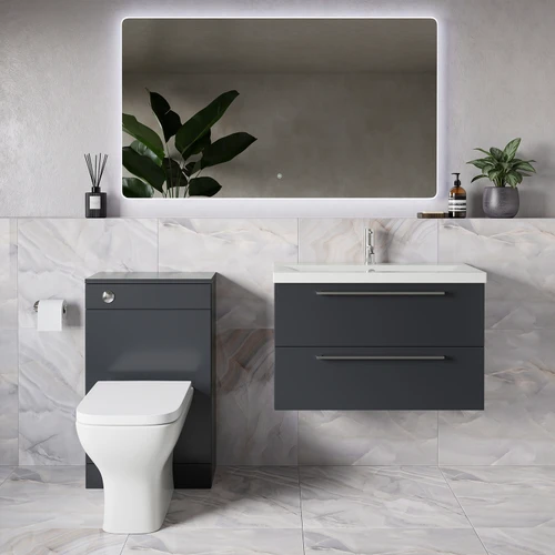 Napoli 390 Gloss Grey 1300mm Wall Mounted 2 Drawer Vanity Unit and Toilet Suite with Glide Basin Lifestyle Image