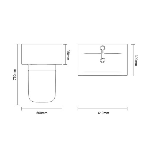 Napoli 390 Gloss Grey 1100mm Wall Mounted 2 Drawer Vanity Unit and Toilet Suite with Glide Basin Top Down Dimensions