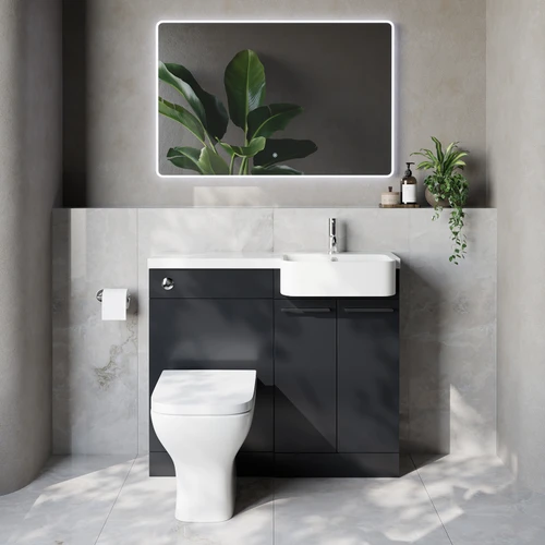 Napoli 250 Gloss Grey 1000mm 2 Door Vanity Unit Toilet Suite with Right Hand Round Rico Semi Recessed Basin Lifestyle Image