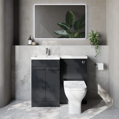 Napoli 390 Gloss Grey 1000mm 2 Door Vanity Unit Toilet Suite with Left Hand Square Lucia Basin Lifestyle Image