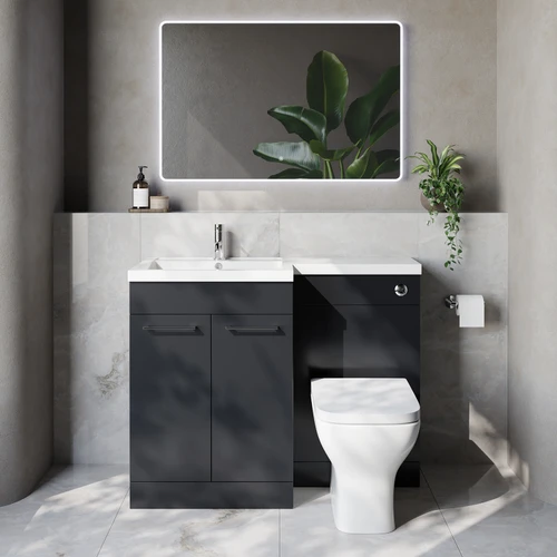 Napoli 460 Gloss Grey 1100mm 2 Door Vanity Unit Toilet Suite with Left Hand Square Lucia Basin Lifestyle Image