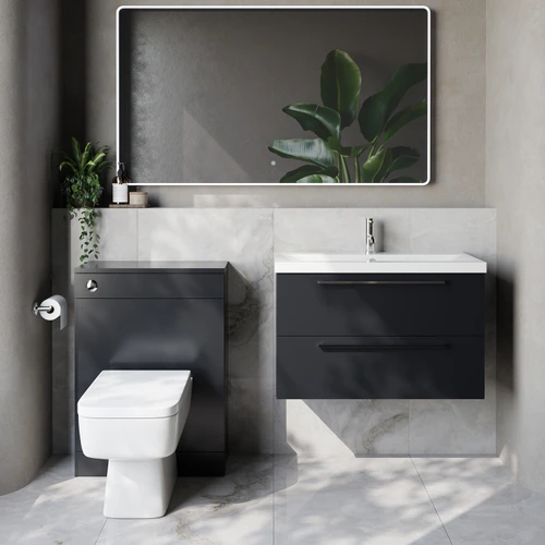 Napoli 390 Cento Gloss Grey 1400mm Wall Mounted 2 Drawer Vanity Unit and Toilet Suite with Glide Basin Lifestyle Image