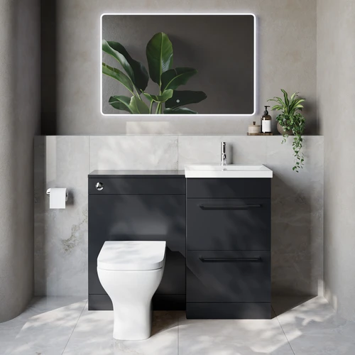 Napoli 390 Cento Gloss Grey 1100mm 2 Drawer Vanity Unit Toilet Suite with Glide Basin Lifestyle Image