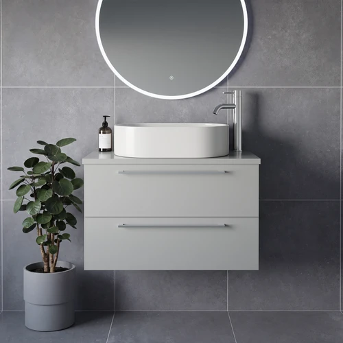 Napoli 390 Gloss Grey Pearl 800mm Wall Mounted 2 Drawer Vanity Unit for Countertop Basins Lifestyle Image